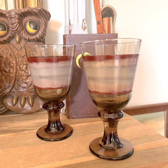 Vintage Libbey Sango Nova Brown Stem 7" Wine Water Goblet Glass Set of 2 - Picture 1 of 5